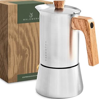 WALDWERK Cafetière Italienne (300ml) - Induction Compatible - Inox Avec Poignée en Chêne Véritable - Moka Pour Tous Types de Plaques