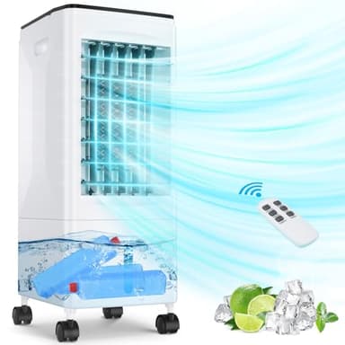 Climatiseur Portable, 3 en 1 Refroidisseur d'Air par Évaporation, Oscillation, Minuterie 1-7H, 3 Vitesses Télécommande, 3 Boîte à Glace, 5,5 L Réservoir d'eau & Roulettes, 60W Climatiseur Mobile