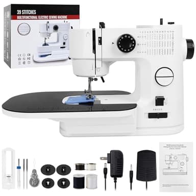 Machine à Coudre Débutant Portable, Qoosea 39 Points Différents Multifonction Mini Sewing Machine avec Table d’Extension Amovible, 2 Vitesse Petite Machine à Coudre électrique pour DIY Vêtements