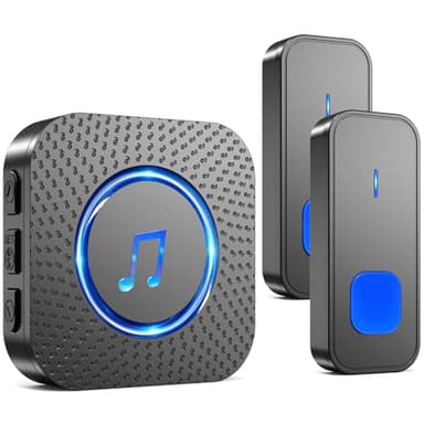 SURFOU Sonnette sans Fil, 400M Longue Portée Exterieur Étanche Electronique, Kit de Carillon Deux Bouton Emetteurs avec Récepteurs Enfichables pour la Maison, LED Bleu, 55 Mélodies, 5 Volumes, Noir