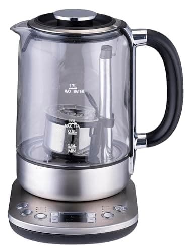 alpina Bouilloire avec Infuseur - 1,7 L - 2200 W - Bouilloire Électrique - Théière - Maintien au Chaud - Thermostat Réglable - Affichage Numérique - Acier Inoxydable - Verre
