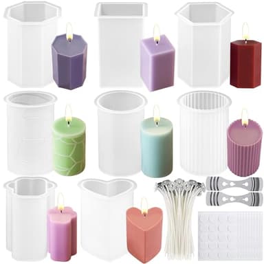 TZEKING 220PCS Moule Silicone Bougie Set,8 Moules à Bougie en Silicone+200 Mèches+2 Supports+10 Autocollants,Moule à Bougie Artisanale à La Main,3D Moule Bougie Silicone,pour la fabrication de bougies