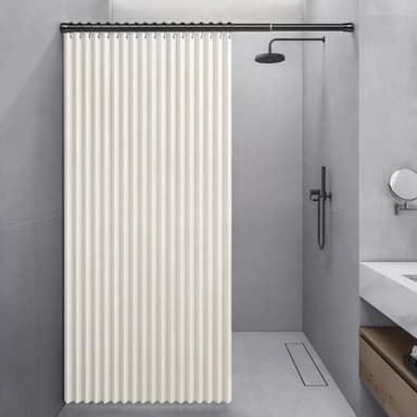 Momooda Rideau de Douche Pliable Aimantée en Lin - Anti-Moisissure, Imperméable, Anti-Éclaboussures, Fermeture Rapide - Beige, 100x200cm