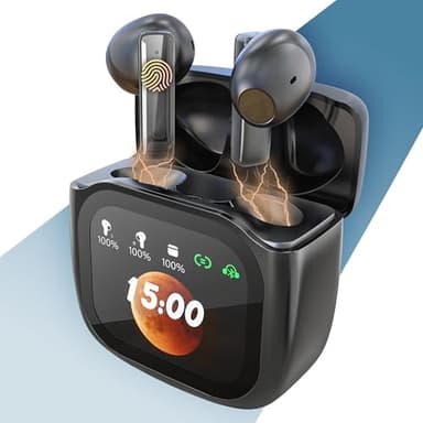 PORTENTUM Ecouteurs Bluetooth sans Fil – Écran Tactile LED Personnalisable – Réduction de Bruit Dual ENC – BT 5.4 – 50h – Oreillettes à Commande Tactile – Basses HiFi – Ajustement Confortable – USB-C