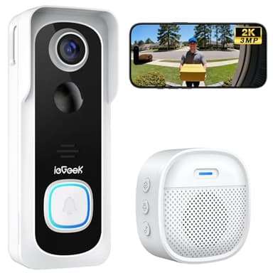 ieGeek 2K Sonnette sans Fil Exterieur Etanche, Sonnette Vidéo avec Caméra Compatible Alexa, Install Facile, Détection IA, IP66 Étanche,Vision Nocturne, Stockage Cloud, WiFi 2,4 GHz Uniquement (Blanc)