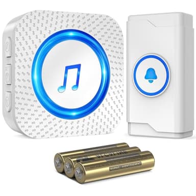 SURFOU Sonnette sans Fil à Pile, 400M Sonnette Longue Portée Exterieur Étanche Electronique, Kit de Carillon avec Récepteurs pour la Maison, LED Bleu, 55 Mélodies, 5 Niveaux Volumes, Blanc