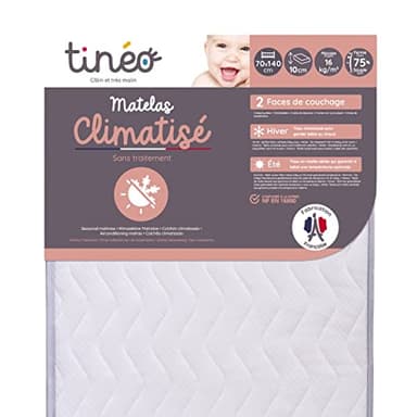 TINÉO - Matelas Climatisé 70x140x10cm - Matelas Bébé - Climatisé - 1 Face Été - 1 Face Hiver - Sans Traitement - Densité 20 kg/m3 - Fabriqué En France