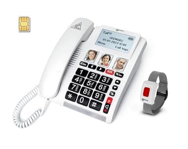 Geemarc CL9000 - Téléphone d’Appel d’Urgence pour la Maison et Son Bracelet SOS Étanche avec Gros Boutons, Volume Amplifié et Écran Rétroéclairé - Fonctionne Uniquement avec Carte SIM