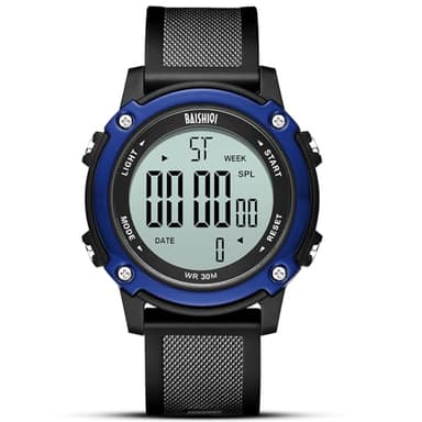 LN LENQIN BAISHIOI Montre numérique multifonction d'extérieur pour homme LED étanche 30 m Alarme Calendrier Montre de sport pour homme avec bracelet en silicone, Bleu., Bracelet