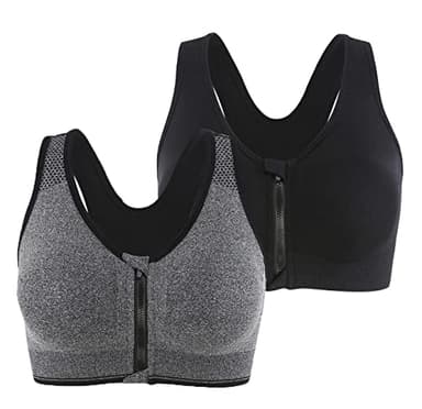 Leezepro Soutien-Gorge de Sport Post-opératoire Lingerie Avant Zipper Femme Zippée Brassière Push Up Courir Vest Coussinets Amovibles pour Fitness Jogging Yoga Course (Noir+Gris, L)