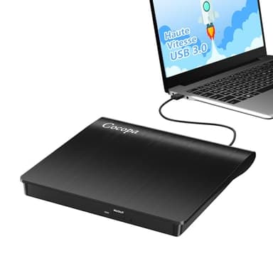 Cocopa Lecteur CD/DVD Externe pour PC, USB 3.0 Graveur Enregistreur Portable RW/ROM Mince Transmission Rapide Câble USB Intégrée Windows/Mac OS Apple/iMac/Macbook/Laptop/Desktops/PC Noi