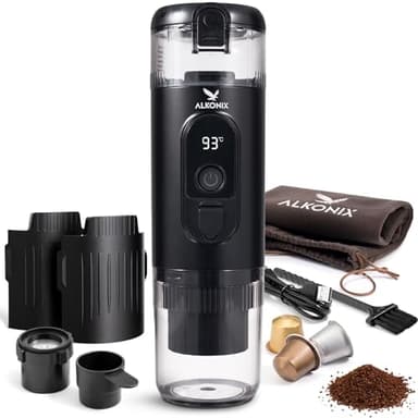 ALKONIX-Machine à Café Portable USB-C – Cafetière Nomade Espresso Rechargeable avec 2 Batteries Amovibles – Compatible Capsules Standards & Café Moulu – Chauffe Intégrée (Noir)