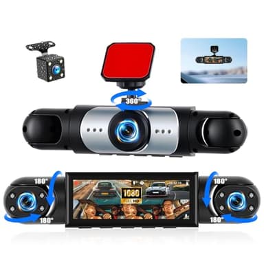 OiLiehu 4 Canaux Dashcam Voiture 1080P, Double Caméra Intégrée 480P, 3,16" Écran Tactile avec Vision Nocturne, Rotation à 360°, Enregistrement en Boucle, Détection de Mouvement, Caméra de Recul