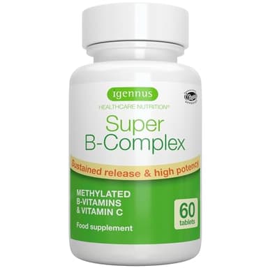 Igennus Super B-Complex - Vitamines B Méthylées a Haute Absorption Prolongée, Pure & Naturel, 60 Comprimés Vegan, Ensemble de 8 Vitamines B avec Folate, B12 Boosté et Vitamine C, 30 portions