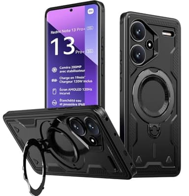 KANSi Coque pour Xiaomi Redmi Note 13 Pro Plus 5G / Note 13 Pro+ 5G, Militaire Etui Antichoc Housse avec Téléphone avec Anneau et Support - Coques Noir