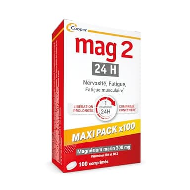 MAG 2-24H – Magnésium, vitamine B6 et B12 - Anti-nervosité et anti-fatigue - Complément alimentaire - Programme de 3,5 mois - 100 comprimés libération prolongée