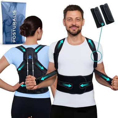 POSTURALIS Correcteur de Posture - Ceinture Dorsale/Lombaire et Redresseur de Dos pour Soulager les Douleurs au Dos et aux Épaules - Orthèse Réglable Homme/Femme avec 2 Supports d'Épaules, (L)