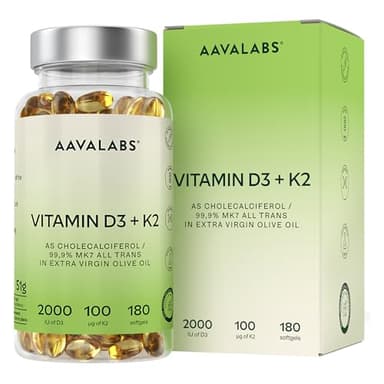 Vitamine D3 K2 avec de l'Huile d’Olive Vierge - Vitamine D3 2000 UI et Vitamine K2 MK7 100 μg pour Os, Muscles, Système Immunitaire - Vitamine D Vitamine K sans OGM, Gluten et Lactose - 180 Gélules