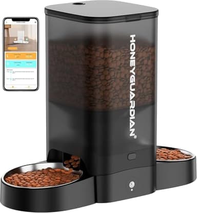 Distributeur Croquettes Chat Automatique Double, 5G WiFi Distributeur Croquettes Chat/Chien, 5L Mangeoire Automatique Intelligente de Nourriture pour Chats, Contrôle APP, 304 Bol INOX, 1-6 Repas par