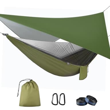 OTraki Hamac 290 x 140 cm avec Moustiquaire et Bâche Respirant Léger de 310 * 310cm, 200 kg Capacité de Charge Hamac d'extérieur Nylon Hamac Pliable pour Jardin Exterieur Voyage Randonnée Bivouac,Vert