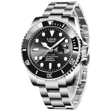 LIGE Montre Homme, Montres Bracelet Quartz Analogique, Acier Inoxydable, étanche 3 ATM （30M）, Aiguilles Lumineuses, Affichage de la Date, Classique, élégant, Décontracté, Noir