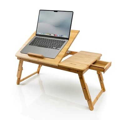 MOVADEK Table de Lit pour Ordinateur Portable – Bureau de Lit Réglable en Bambou avec Tiroir, Tapis de Souris et Organisateur de Câbles – Table PC Portable Pliable pour Lit et Canapé