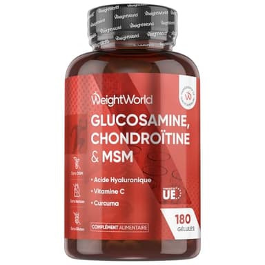 Glucosamine Chondroïtine MSM Vitamine C 180 Gélules, Enrichi en Curcuma, Acide Hyaluronique & Vit C Acide L Ascorbique sans OGM, sans Gluten & Lactose, Complexe Glucosamine Chondroïtine