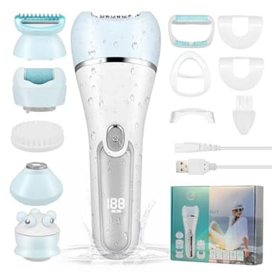 Épilateur électrique pour femme, 6 en 1, visage pour femme, sans fil, écran LED rechargeable, Wet and Dry avec brosse exfoliante, brosse de nettoyage, tête de massage (bleu)