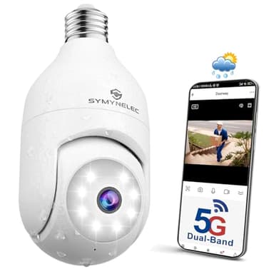 SYMYNELEC 5GHz/2.4GHz Caméra Surveillance Ampoule Extérieure Étanche, Caméra Sécurité 360 WiFi sans Fil 2K 4MP avec Suivi Humain, Vision Nocturne Couleur, Audio Bidirectionnel, Alexa & Google
