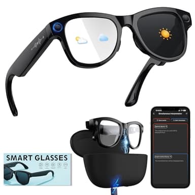QDOJC Lunettes Connectées avec Boîtier de Recharge, 8MP Lunette Camera 4K HD Lunette Traductrice Lunettes IA Lunette Intelligente avec Verres Photochromiques, Musique Bluetooth, Stant Vocal et Vidéo