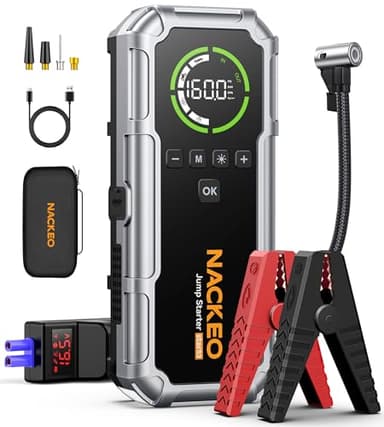 8000A Booster Batterie Voiture avec Gonfleur 160PSI, 12V Demarreur Batterie Voiture (Essence et Diesel Jusqu’à 12 L), 20000 mAh avec câbles de démarrage, Lampe LED 600 lumens et écran LCD