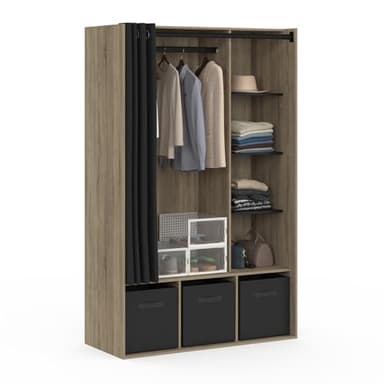 IDMarket - Dressing penderie Diane 105 x 50 x 172 cm hêtre avec étagères + boites de Rangement + Rideau Noir