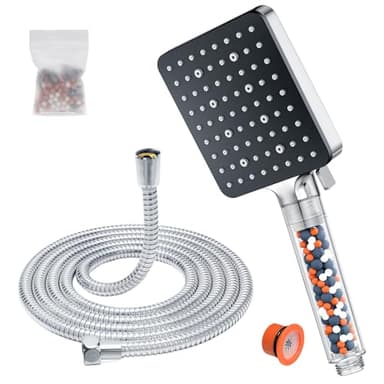 Pommeau de Douche avec Tuyau 1.6m, YEAUPE PRO Pommeau Douche Economie eau avec 6 Modes, Pommeau de Douche Carré Filtrant, Douchette Douche Salle de Bain Haute Pression Anti Calcaire, Chromé