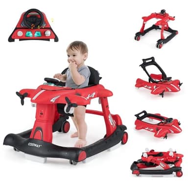COSTWAY 6 en 1 Trotteur Bébé Garçon Fille en Forme Avion avec 3 Hauteur Réglable, Trotteur Marche Bébé Pliable Évolutif avec Boîte à Musique Amovible, Roues Silencieuses, Charge 12kg (Rouge)