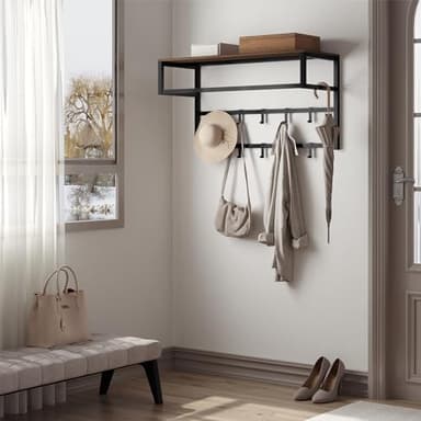 eSituro Porte-Manteau avec Étagère, Support Mural avec 10 Crochets, Portant à Vêtements, Porte-Serviettes pour Salle de Bain, Cuisine, Couloir, Entrée, 80x30x41 cm, Noir + Brun Vintage