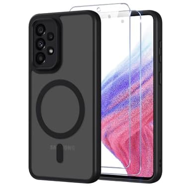 Pnakqil Coque pour Samsung Galaxy A53 5G Compatible avec MagSafe,Givré Translucide Magnétique Housse mit 2 Verre Trempé,Antichoc Anti-Rayures Anti-Jaune Contre Les Chutes Mat Rigide Étui Case,Noir