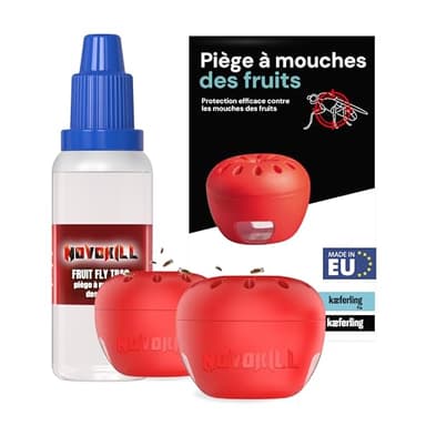 Novokill Piège Moucherons Fruits – 2X Pièges + 30ml Appât – Piège moucheron Fruit Cuisine – Piège Mouche de Fruits – Fruit Fly Trap – Réutilisable – Action Longue durée