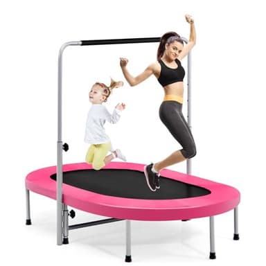 LIFEZEAL Trampoline Pliable 2 Personnes, Trampoline de Fitness avec Main Courante Réglable à 5 Hauteurs, Loisir Extérieur Intérieur, pour Enfant Adulte, Charge 150 kg (Rose)