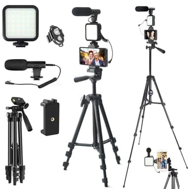 Kit Prise Vue Vidéo, Kit Vlog Professionnel pour Smartphone et Appareil Photo : Microphone, Lumière LED, Trépied Réglable, Support Téléphone, Idéal pour YouTube, TikTok, Live Streaming, Photographie