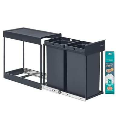 SONGMICS Poubelle de Tri Sélectif, Poubelle de Cuisine Extractible Coulissante, 2 Seaux de 15 L, Coulissement en Douceur, Structure en Acier, Couvercle en ABS, Gris LTB950GZ01