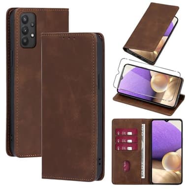 Vauki Coque Cuir pour Samsung Galaxy A32 4G 6.4" avec 1 Verre Trempé Etui à Rabat en PU Porte-Cartes Portefeuille Support Flip Housse Magnétique Antichoc Anti-Rayures Case,Marron