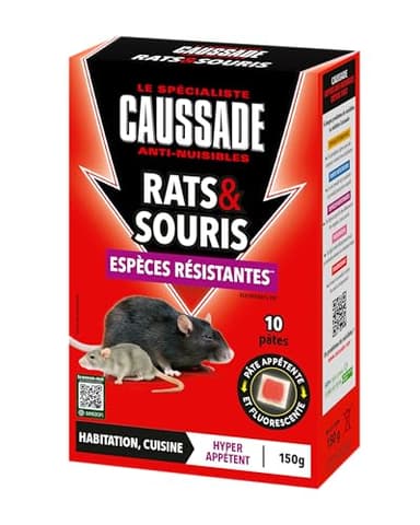 CAUSSADE Anti Rats & Souris - Efficacité radicale - Lieux secs & humides - 10 Sachets pâtes Fluorescents- Prêt à l'emploi - Une Ingestion Suffit - Fabriqué en France - 150g - CARSPTFLUO150