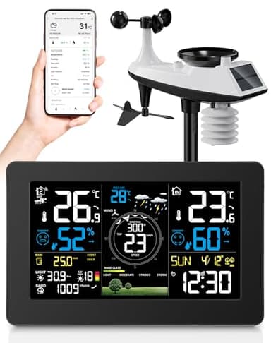 Station Météo Connectée WIFI, 11 en 1 Professionnelle Station Meteo Sans Fil avec Capteur Extérieur, Anémomètre, Pluviomètre, Girouette, Thermomètre, Hygromètre, Prévisions Météorologiques, Indice UV