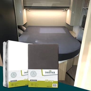 Dexitex - 1 Drap Housse Camping Car Anthracite + 1 Molton - Lit Central - Caravane Matelas - lit Queens- Lit Caravane - Lit Camping Car - Oeko-Tex - 100% Coton - (135-160cmx190-210cm)