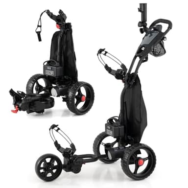 COSTWAY Chariot de Golf Électrique, Voiturette Golf Pliable & Léger à 3 Roues avec Poignée Ajustable, 9 Vitesses, Support pour Parapluie, Porte-Boisson, Porte-Score, Sac Isotherme & Port USB