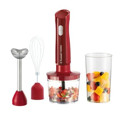 Russell Hobbs Mixeur plongeant [3 en 1 : mixeur, fouet, hachoir] Blender Rouge (bol 600 ml, smoothies, soupes, sauces, dips, lames en acier inoxydable, lavables au lave-vaisselle, sans BPA) 27142-56