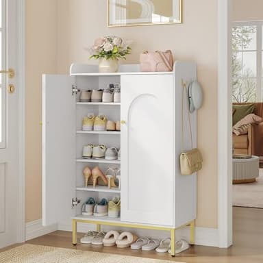 Hzuaneri Meuble à Chaussures, Armoire à Chaussures à 5 Niveaux, Séparateur Réglable, 16-20 Paires, Poignée Dorée, Grande Capacité pour Entrée, Couloir, 34,5 × 74 × 115 cm, Blanc SR67803A