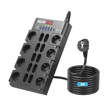 18 Prises Multiprise Parafoudre avec Interrupteur (3680W/16A) et 2100J Multiprises Parafoudre et Surtension+Câble 4M,BEVA Prise Multiple et 4 USB-A +2 USB-C(15W), Prise Electrique avec Terre,Noir