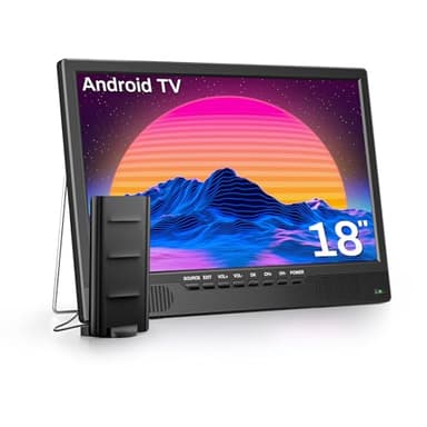 Desobry Smart TV Android 18 Pouces, Petit téléviseur Portable avec Tuner DVB-T2 et antenne, entrées HDMI AV USB, 12V TV Camping-Cars, Chambres, Cuisines, terrains de Camping et caravanes