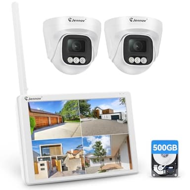 Jennov 5MP Kit Camera Surveillance WiFi avec 10" Moniteur, 10CH 5MP NVR, 2pcs 5MP Caméra IP WiFi avec Grand Angle 120°, Vision Nocturne Couleur, Détection Humaine, Enregistrements 24/7, 500 Go HDD